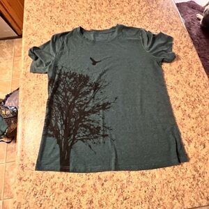 NEW Teal Graphic T-Shirt with Tree Forest and Bird Design